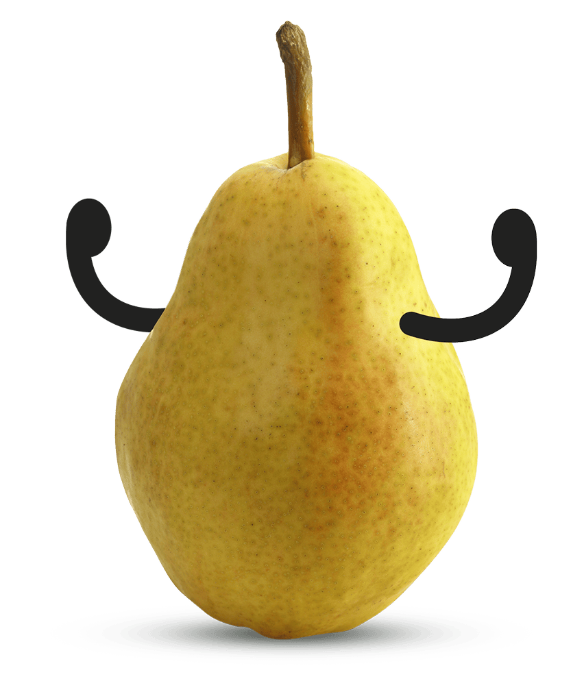 Bold Powerhouse pear graphic with energetic lines and labels emphasizing nutritional strength, high-resolution version on white.