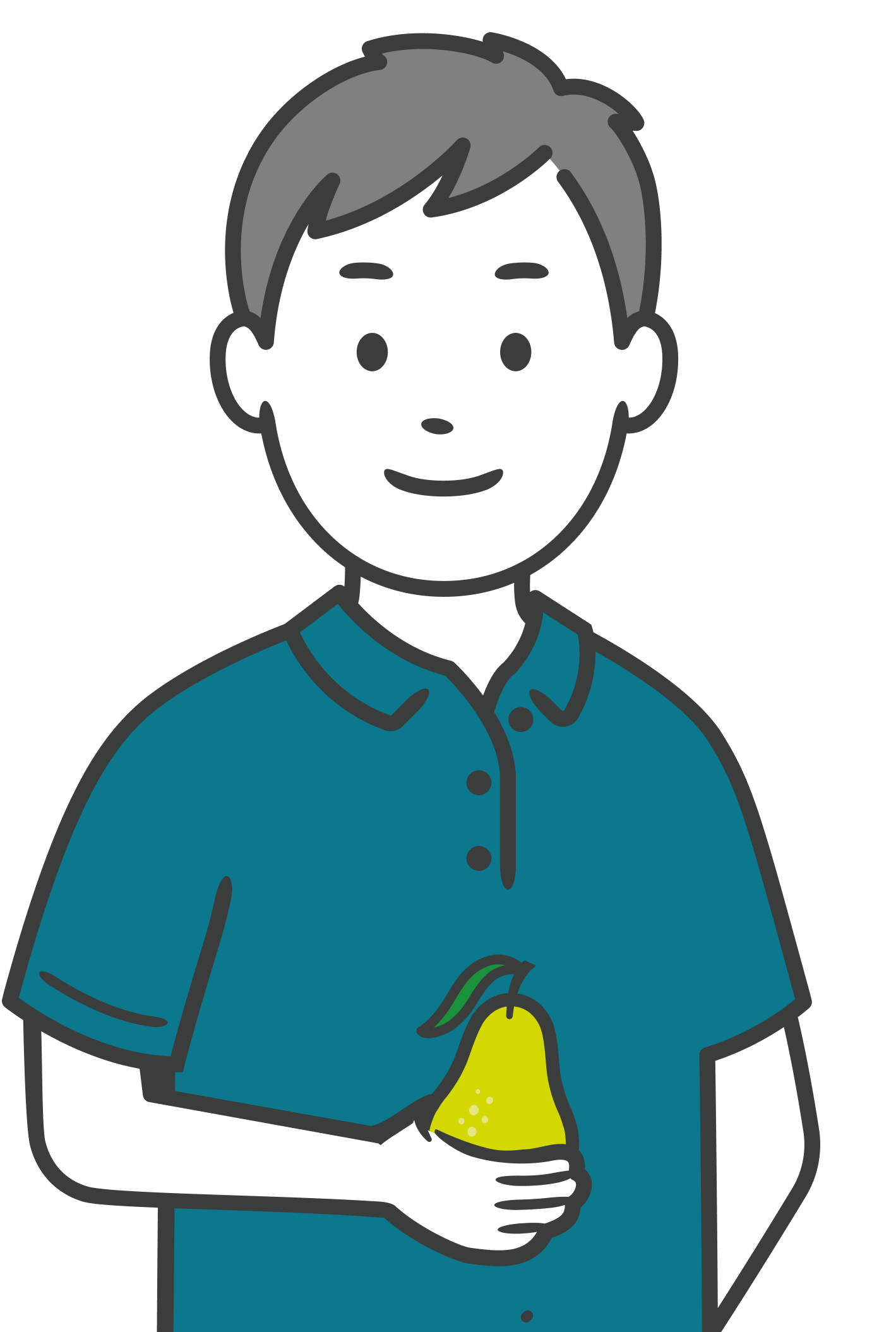 Playful pear character illustration with limbs and face, friendly pose and bright color used for kids’ content or fun signage.