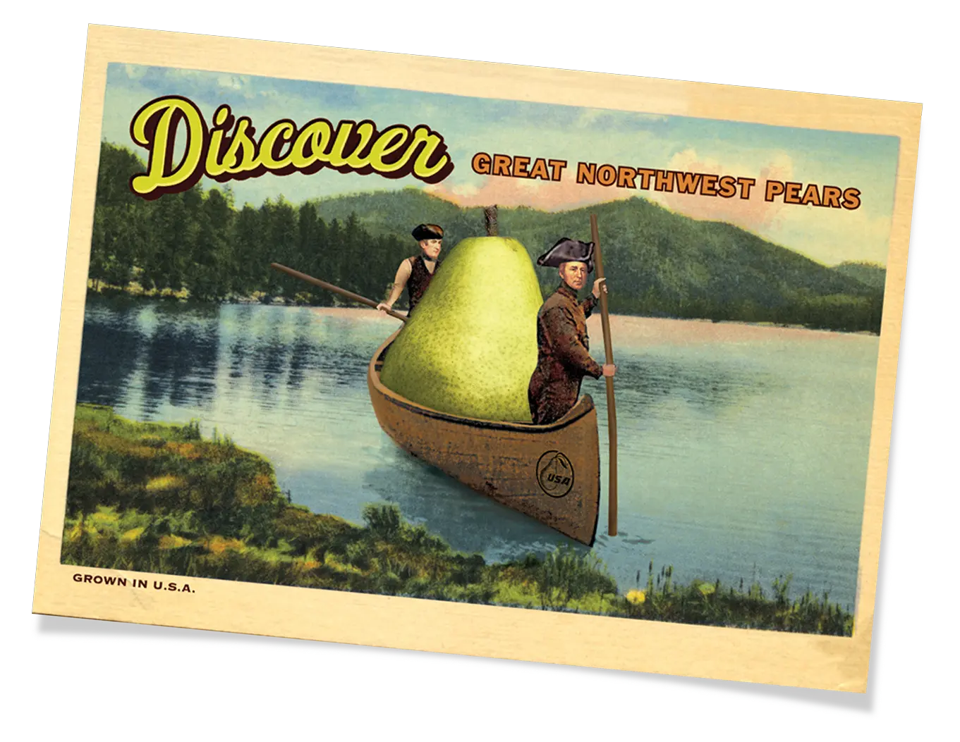 Vintage postcard art of two explorers paddling a canoe carrying an enormous pear with Discover Great Northwest Pears text across the scene.