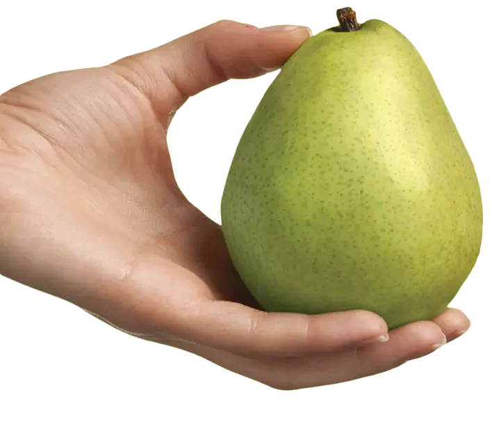 Hand holding a green pear against a green background showing how to check pear ripeness by the neck for a vibrant and appealing presentation