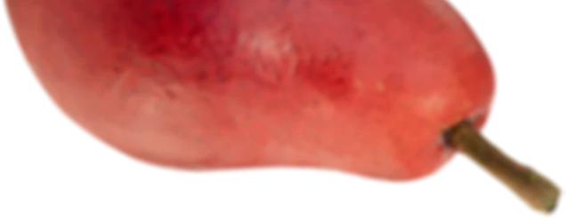 Starkrimson pear portion on white showing vivid red skin texture and gentle curve of the fruit, minimal composition and detail.