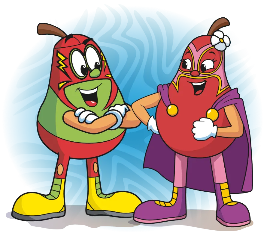 Two cartoon pear characters dressed as smiling luchador superheroes with capes and masks, standing together on a blue patterned circle for a cozy